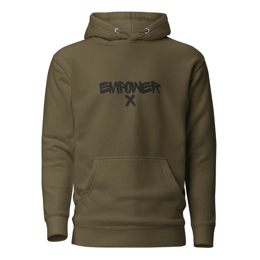 Military Green Mens Empower X First Edition Series Black Stitching Embroidered Hoodie