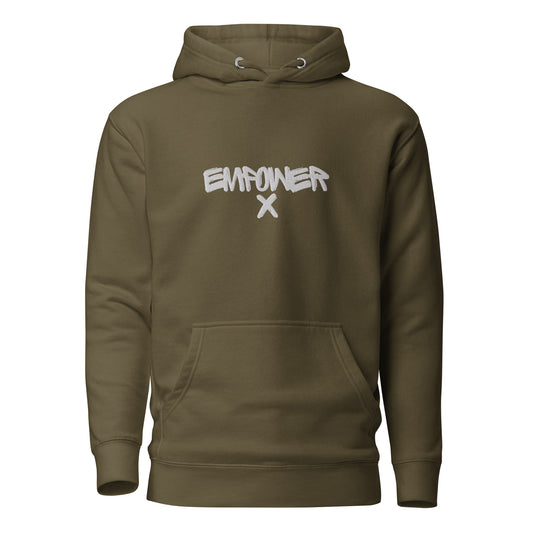 Military Green Mens Empower X First Edition Series White Stitching Embroidered Hoodie